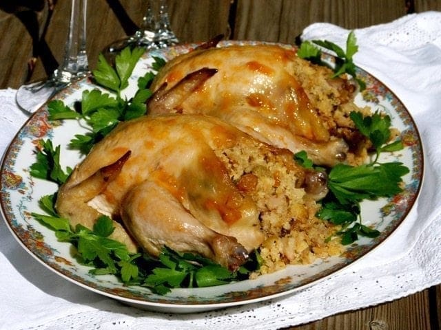 Apricot Cornish Hens with Fruited Cornbread Stuffing